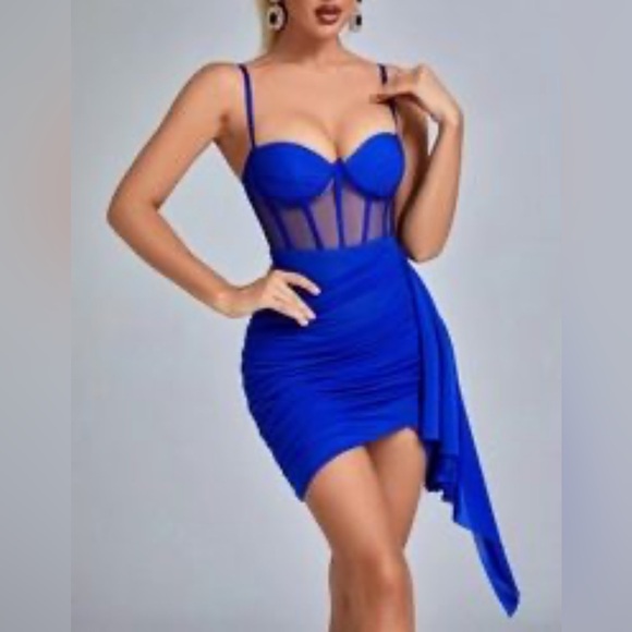 Bella Barnett‎ Blue Asymmetrical Ruched Bustier Mini Dress Size Large - Picture 1 of 10